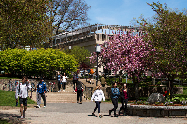 春天，学生们走在塔夫茨大学校园里。在申请人数激增的情况下，塔夫茨大学录取了2025届毕业生，这是该校种族和种族最多元化的本科生